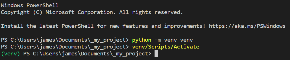 Snippet from Powershell of virtual environment